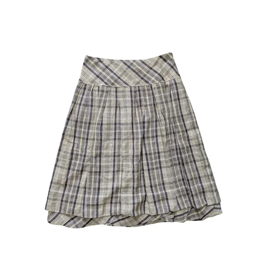 Lilith Heavy Linen Plaid Bubble Skirt Womens M/40 Brown-Yellow Prairie Lagenlook